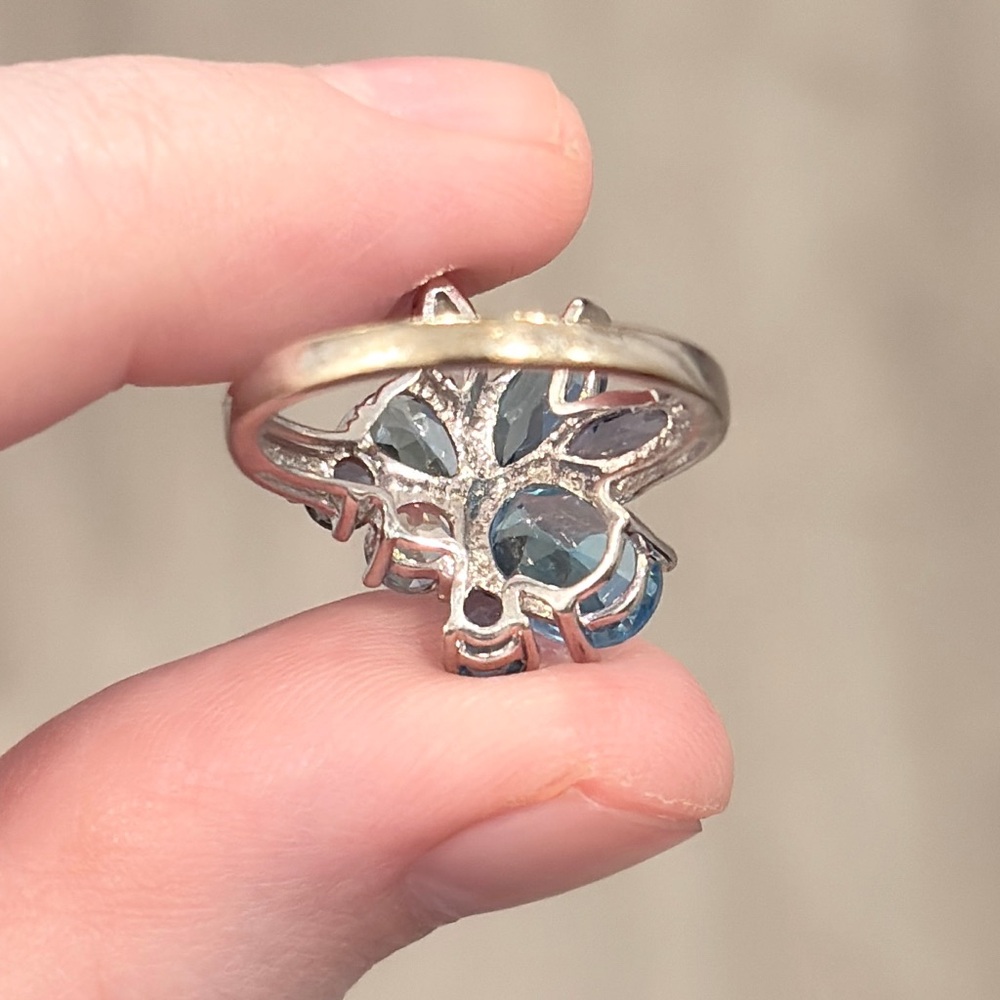 Vintage 10K Blue Topaz Cluster Ring White Gold Abstract Oval Marquis Iolite 6.25 - Picture 15 of 16